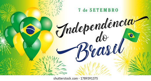 7 September, Portuguese text: Brazil Independence Day greeting card. Patriotic holiday horizontal design with flag, balloons in Brazilian national colors and salute. Vector illustration