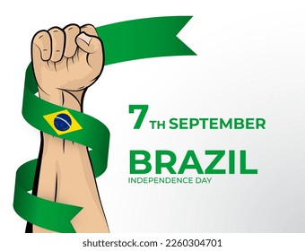 7 September. Vector illustration of Happy Independence Day greeting card for the country of Brazil with clenched fists and a flag ribbon. Use for banners on a white background.