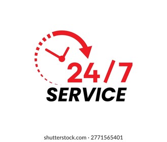 7 Service Icon - Red and Black Round-the-Clock Support Symbol with Clock and Arrow for Customer Assistance