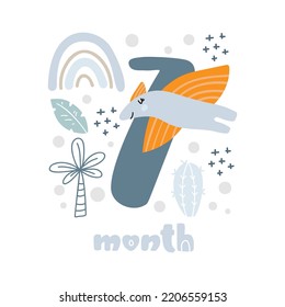 7 seven months Baby boy anniversary card metrics. Baby shower print with cute animal dino, flowers and palm capturing all special moments. Baby milestone card for newborn.