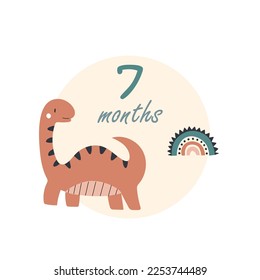 7 seven months Baby month anniversary card metrics. Baby shower print with cute animal dino, capturing all special moments. Baby milestone card for newborn.