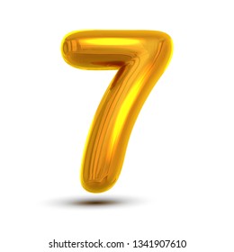 7 Seven Number Vector. Golden Yellow Metal Letter Figure. Digit 7. Numeric Character. Alphabet Typography Design Element. Party Foil Symbol. Numeral Bright Metallic 3D Realistic Illustration
