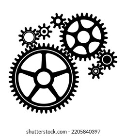 7 sizes of mechanical cogwheels, small 8 teeth, medium 30 teeth and large 45 teeth. Black silhouette gear icon design element. White background. Vector illustration.