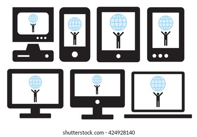 7 Smart Devices with a Man holding the World on the screen