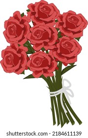 7 sprigs of roses tied into 1 beautiful bouquet. Bouquet of  red roses. Cartoon vector illustration.