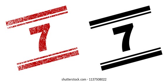 7 stamp seal print with red distress and clean black version. Red vector rubber print of 7 title with unclean effect. Tags are placed between double parallel lines.