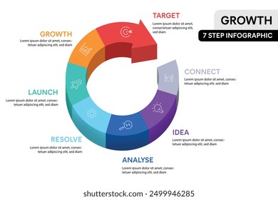 7 Schritt 3D Pfeilzyklus Infografik Vektorgrafik. Business Growth Projection Infografik Konzept.