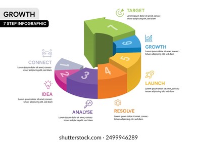 7 Step 3D Arrow Stair Infographic Vector Illustration. Business Growth Projection Infographic Concept.