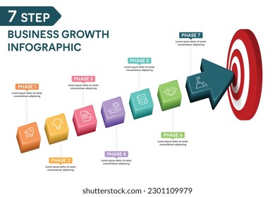 7 Step Arrow Infographic. Business Goal or Target Achievement Growth Concept. 3D Vector Illustration