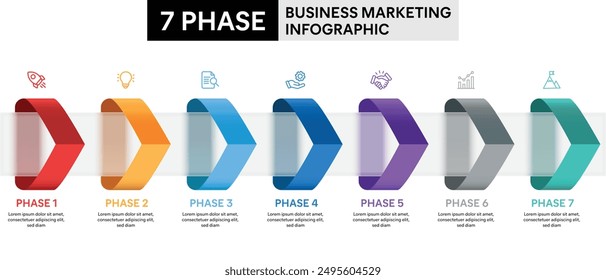 7 Step Arrow Shape Glassmorphism Infographic. Colorful Vector Illustration for Business Financial Report.