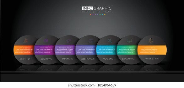 7 Step Business design arrow template Timeline business planing process with options, steps. Vector illustration. use for presentation and web design organization with Gradient colors on dark stage 
