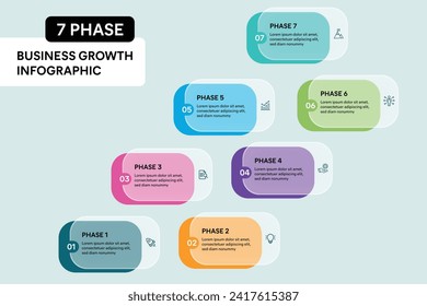 7 Step Business Process Timeline Infografiken. Farbiger Rectangle Form Glassmorphismus Effekt. Vektorgrafik.