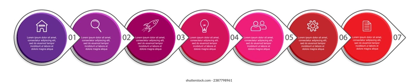 7 step infographic design. simple, various colors interconnected, with icons, text and lines, suitable for your business presentation