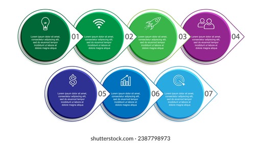 Diseño infográfico de 7 pasos. simple, varios colores interconectados, con iconos, texto y líneas, adecuados para su presentación de negocios