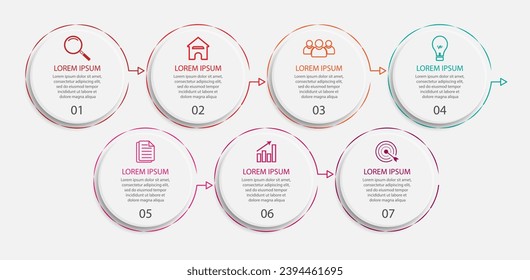 7 step infographic vector, simple design with thin lines, icons, symbols, numbers and text, for flow diagrams, your business presentations