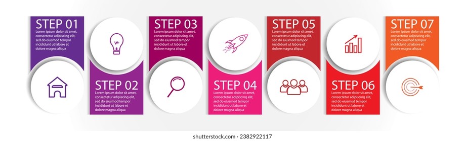 7 step infographics, simple infographic design consisting of seven interrelated parts, circle design combined with squares, lines, icons and colors, good for your business presentation