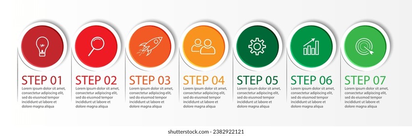 7-stufige Infografiken, einfaches Infografik-Design, bestehend aus sieben miteinander verbundenen Teilen, Kreisdesign kombiniert mit Quadraten, Linien, Symbolen und Farben, gut für Ihre Geschäftspräsentation