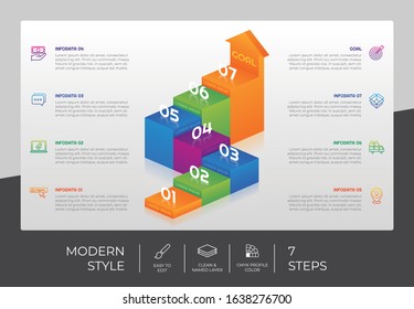 7 Step or Process Infographic With 3D Stair Layout and Chart Design