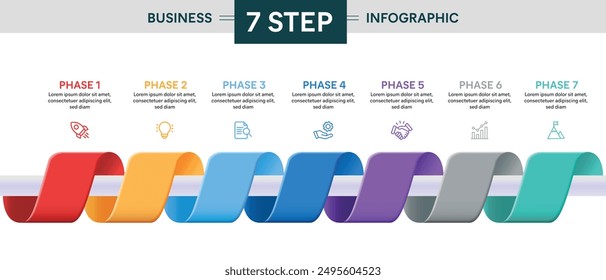 7 Step Ribbon Roll Infographic. 3D Vector Illustration For Business Financial Report.