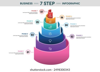 7 Step Semi Circle Cylinder Infographic. 3D Vector Illustration For Business Financial Report.