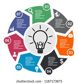 7 step vector element in seven colors with labels, infographic diagram. Business concept of 7 steps or options with bulb .
