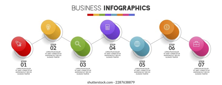 7 steps 3d buttons with line connection Infographics design. use as workflow process diagram, business data  presentation, timeline layout, milestone, banner, brochure, flow chart
