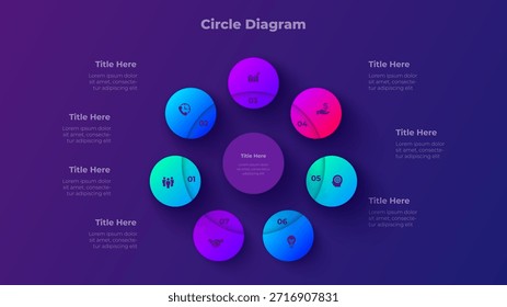 Modelo de apresentação de diagrama de círculo de 7 etapas com opções de processo de sete etapas no vetor de plano de fundo escuro.