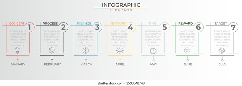 7 steps colorful thin line infographic with number, and icons elements. Timeline process template. Modern vector art for company or corporate business project and presentation. Trendy Eps10 design