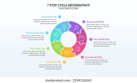 7 Steps Cycle Infographics on a 16:9 Layout for Business Presentation, Poster, Banner and Booklet.