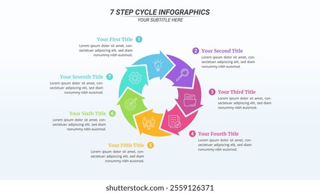 7 Steps Cycle Infographics on a 16:9 Layout for Business Presentation, Poster, Banner and Booklet.