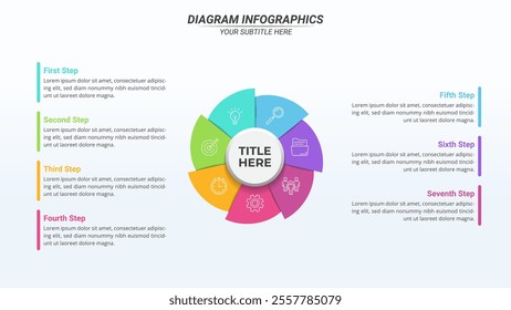 7 Steps Diagram Infographic on a 16:9 Layout for Business Presentation, Poster, Banner and Booklet.