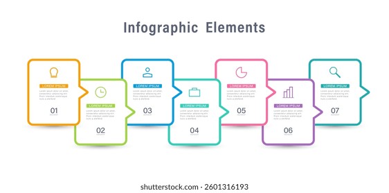 7 steps or elements infographics with text and icons.