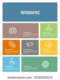 7 Etapas infográfico cartaz ou modelo de brochura design. Apresentação de negócios, banner, marketing e estratégia. Ilustração vetorial.