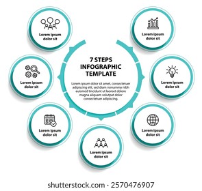 7 steps infographic template with 7 options. Flowchart that can be used for business report, data visualization and presentation. Timeline infographic elements vector illustration.