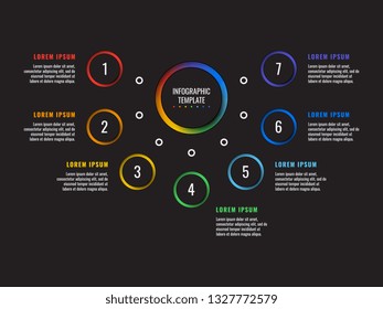7 steps infographic template with round paper cut elements on black background. business process diagram. company presentation slide template. modern vector info graphic layout design. eps 10