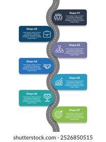 7 Schritte Infografik Timeline. Präsentationsdesign für Geschäftsvorlagen. Meilenstein, Roadmap, Strategie und Plan. Vektorgrafik.