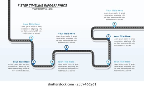7 Steps Infographic Timeline on a 16:9 Layout for Business Presentation, Poster, Banner and Booklet.	