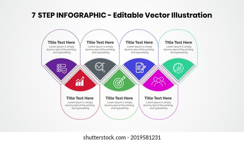 7 pasos Plantilla de diseño de infografías: gráfico, gráfico circular, diseño de flujo de trabajo, diagrama de ciclo, folleto, informe, presentación, diseño web. Ilustración del vector editable