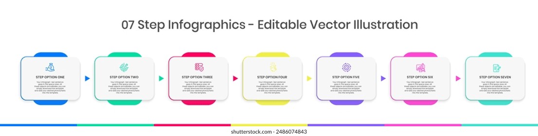 7 Pasos Infografía Plantilla de diseño - Gráfico, Gráfico circular, diseño de flujo de trabajo, diagrama de escudero, folleto, informe, presentación, Diseño web Ilustración vectorial editable