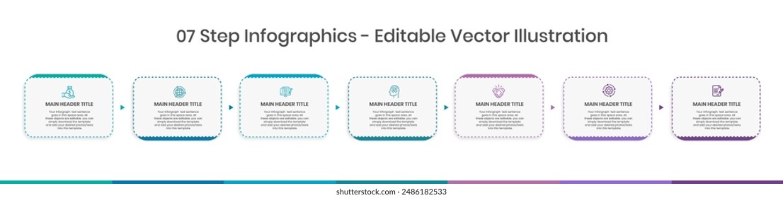 7 Stufen Infografik Design Vorlage - Graph, Tortendiagramm, Workflow-Layout, Squire-Diagramm, Broschüre, Bericht, Präsentation, Webdesign Editable Vektorillustration