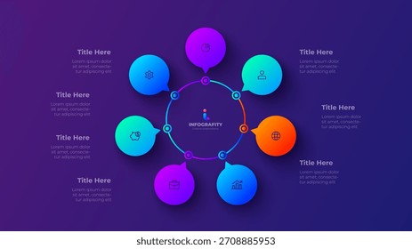 Infografía de negocios circulares de neón de 7 pasos. Diagrama de Vector de gradiente moderno para el flujo de trabajo y la planificación de procesos