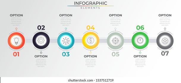 7 steps process infographic with colorful circular elements and icons. Minimal process template. Modern vector art for company or corporate business project and presentation. Trendy Eps10 design