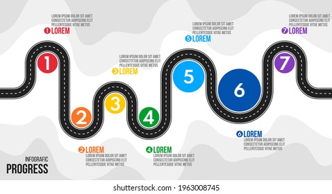 7 steps process progress or timeline, road infografic vector template