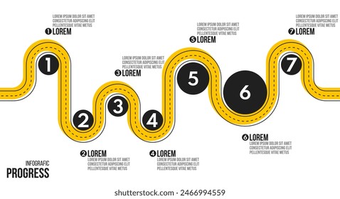 7 Schritte Prozessfortschritt oder Zeitrahmen, Road Infografic Vektorgrafik Vorlage