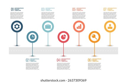 7 steps or processes vector infographic template with road signs and road.