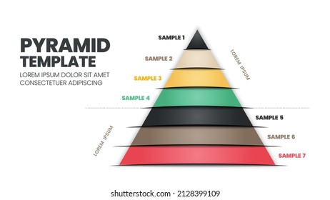 7 Los pasos de una pirámide o una plantilla triangular con texto modificable son para los elementos de una diapositiva de presentación de gráfico. La plantilla de jerarquía es una ilustración vectorial de color moderno en forma triangular plana. 