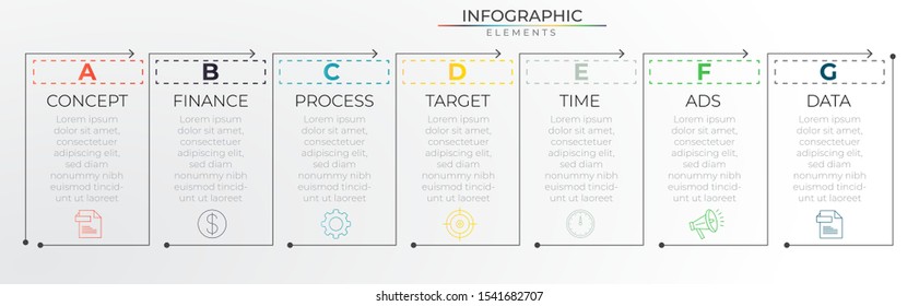 7 steps timeline infographic concept with thin line and icons. Chart process template. Modern vector art for company or corporate business project and presentation. Trendy Eps10 design