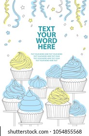7 styles of cupcakes in gray outline and pastel plane put on stands on white background and space for text. Poster or background design in vector illustration.