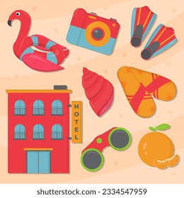 7 summer icon illustrations set isolated on the colored background. travel bag, ice cream, watermelon, sunscreen, ball, diving glasses, and guitar objects for your design.