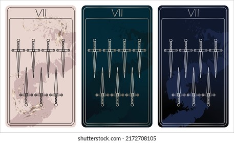 7 von Schwertern. Eine Karte des kleinen Arcana mit einer Linie, die Tarot-Karten zieht. Tarot Deck. Lineare Vektorgrafik mit okkulten, mystischen und esoterischen Symbolen. 3 Farben. Vorläufig auf 2,75 x 4,75 Zoll.